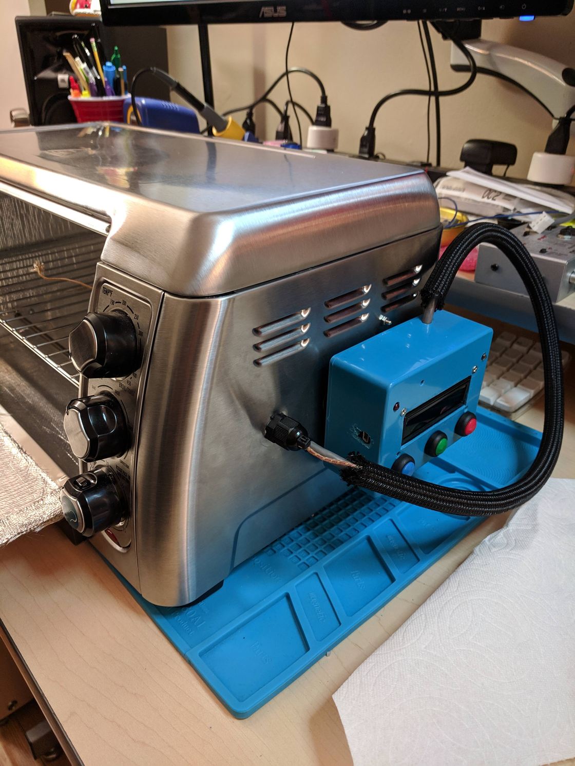 A toaster oven converted for solder reflow.