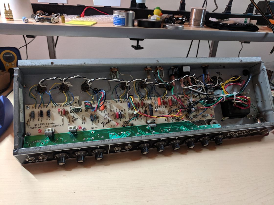 Inside the Fender Deluxe Reverb Reissue chassis.
