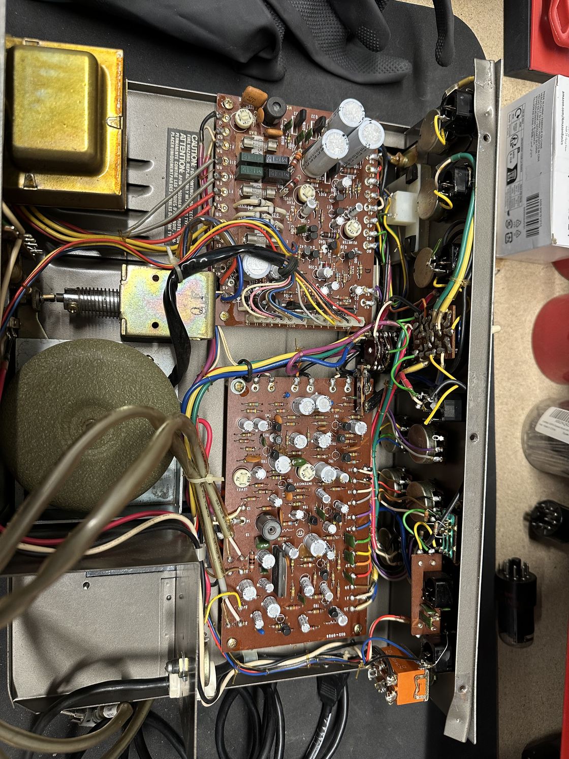 The circuit boards of a Roland Space Echo RE-201.