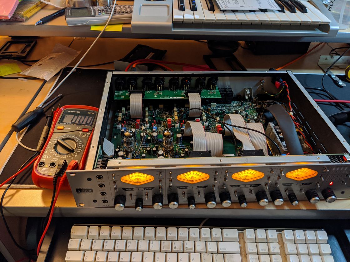 The Universal Audio 4-710d opened for repair.