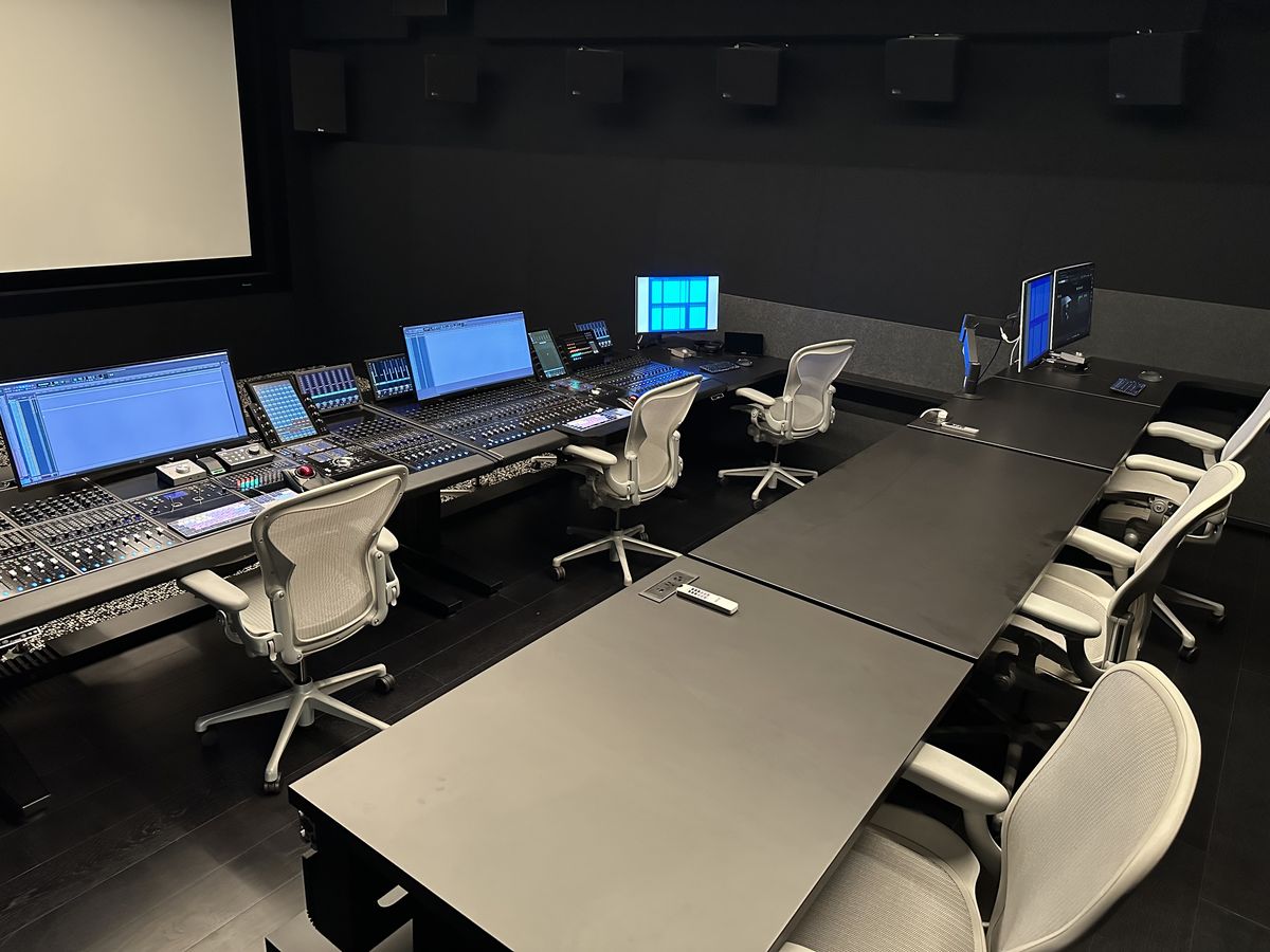 A dub stage with large main monitors either side of the screen.